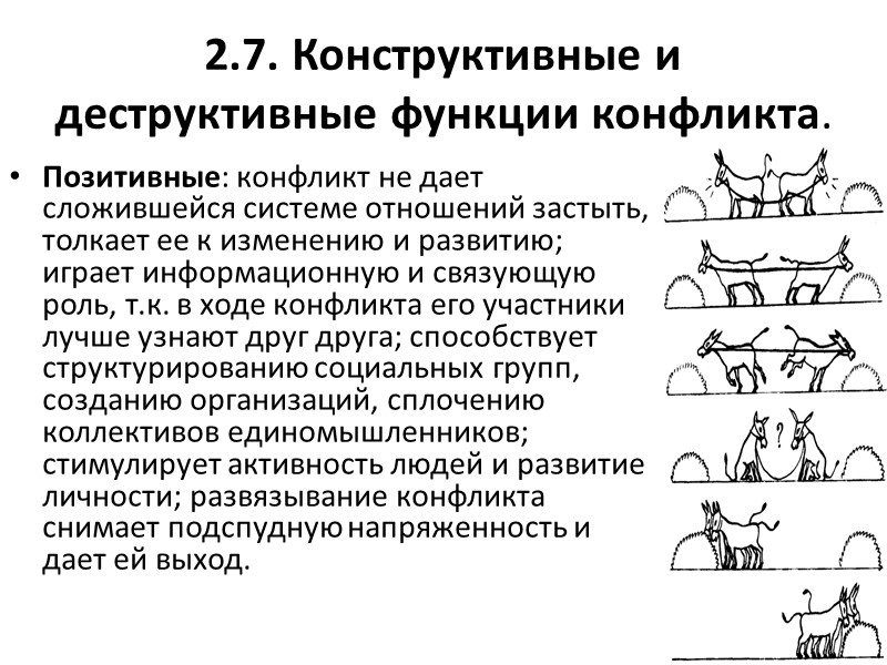 2.7. Конструктивные и деструктивные функции конфликта. Позитивные: конфликт не дает сложившейся системе отношений застыть,